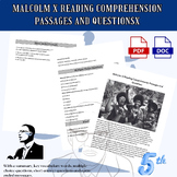 Malcolm X Reading Comprehension Passages and  Questions 5th grad