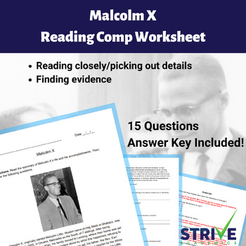 Preview of Malcolm X Reading Comprehension and Black History Worksheet