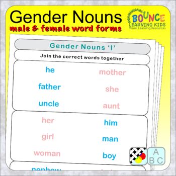 Preview of Gender Nouns (distance learning worksheets for matching male female words)