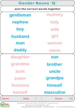 gender nouns distance learning worksheets for matching male female words
