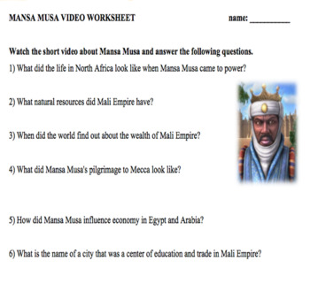 Preview of Mali Empire - Mansa Musa Video & Worksheet