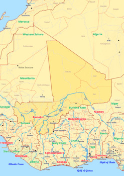 Preview of Mali map with cities township counties rivers roads labeled