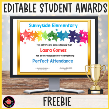 Preview of Editable Perfect Attendance Certificates & Awards | FREEBIE