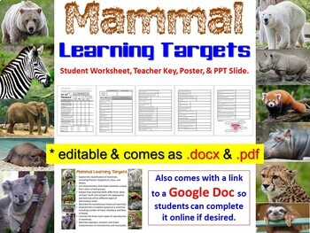 Preview of Mammal Learning Targets & Review Questions - comes as .docx, .pdf, & Google Doc