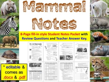 Preview of Mammal Notes Handout and Teacher Key (Biology & Zoology) *editable *docx & .pdf