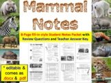 Mammal Notes Handout and Teacher Key (Biology & Zoology) *
