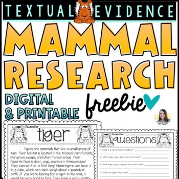 Preview of Mammal Research Project | Text Evidence Reading Comprehension