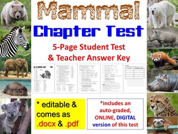Preview of Mammal Test for Biology & Zoology *Editable! Paper & Online Digital Versions