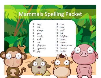 Mammal names differentiated spelling packet by SpellingPackets.com