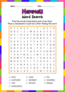 Preview of Mammals Animals Names Fun Vocabulary Word Search Worksheets Puzzles