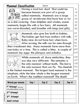 Mammals Classification Fluency Passage by Creative Core Integrations