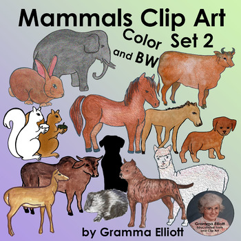 Mammals Clip Art Set 2 Semi Realistic Color Black Line and Silhouettes