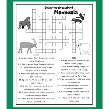 Mammals Crossword Puzzle by Maple Minds TPT