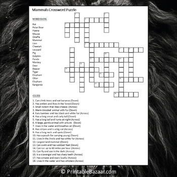 Mammals Crossword Puzzle Worksheet Activity by Crossword Corner | TPT