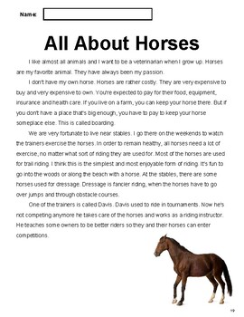 Preview of Mammals Nonfiction Reading Comprehension Passage 3: All About Horses