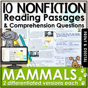 Preview of Mammals Nonfiction Reading Comprehension Passages and Questions