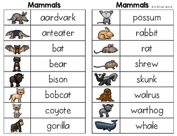 Mammals Word List - Writing Center by The Kinder Kids | TpT