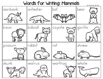 Mammals Word List - Writing Center by The Kinder Kids | TpT