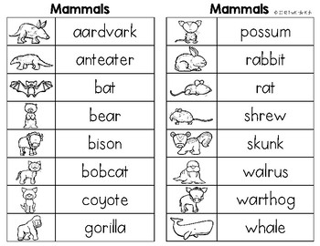 Mammals Word List - Writing Center by The Kinder Kids | TpT