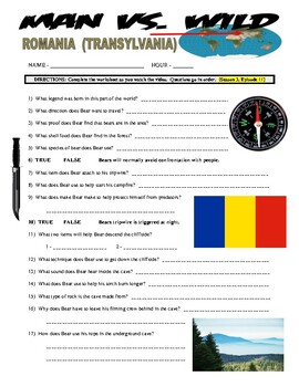 Preview of Man vs. Wild Romania (social studies / science video worksheet / geography)