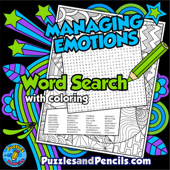 Preview of Managing Emotions Word Search Puzzle with Coloring Activity | Social Skills