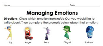 Preview of Managing Emotions Worksheet (Inside Out)