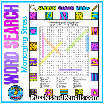 Preview of Managing Stress Word Search Puzzle with Coloring | Search, Color, Doodle