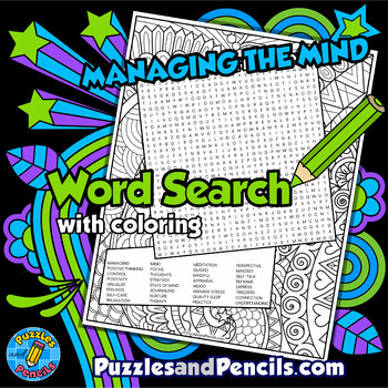 Preview of Managing the Mind Word Search Puzzle Page & Mindfulness Coloring | Mental Health
