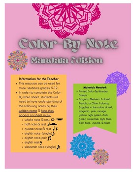 Preview of Mandala Color-By-Note - Rhythm & Note Worksheet