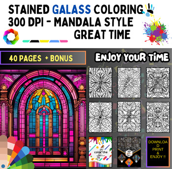 Preview of Mandala Stained-Glass coloring PAGES- 300 DPI -Format A4 + BONUS