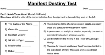 Manifest Destiny Assessment Key By Thompson S Hands On History Tpt