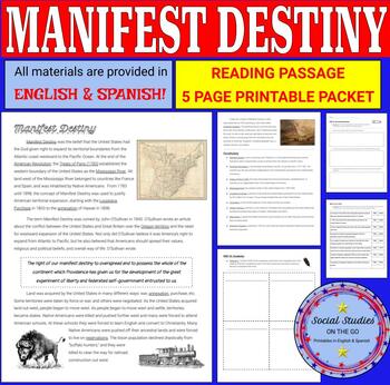 Preview of Manifest Destiny reading passage and printable packet (English and Spanish)
