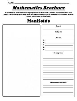 Preview of Manifolds "Informational Brochure" Worksheet & WebQuest
