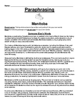 Preview of Manitoba Paraphrasing Worksheet (Canada)