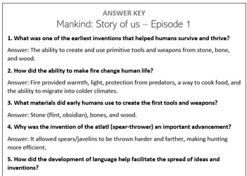 Preview of Mankind Story of Us - Episodes 1-6 Question Sets for 5th and 10th Grade