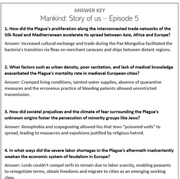 Preview of Mankind Story of us - Episode 5 -  Plague Question Set - 5th and 10th grades
