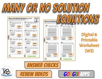 Preview of Many or No Solution Equations  - Digital Worksheet