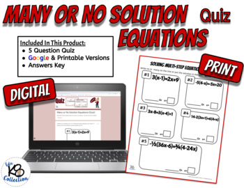 Preview of Many or No Solution Equations Quiz - Digital & Printable Assessment