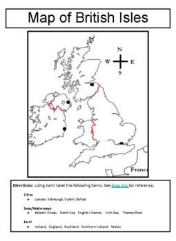 Preview of Map Activity of British Isles/England (Fill In, Printable, Kami Worksheet)