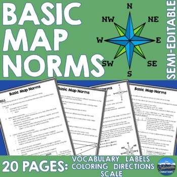 Preview of Map Basic Skills and Norms with Vocabulary Scale Directions Labeling Coloring