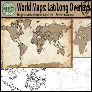 Preview of Maps: The World w/ Longitude & Latitude Overlays {Messare Clips & Design}