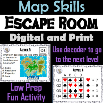 Preview of Map Skills Activity Escape Room (Geography Unit: Latitude & Longitude, Map Types
