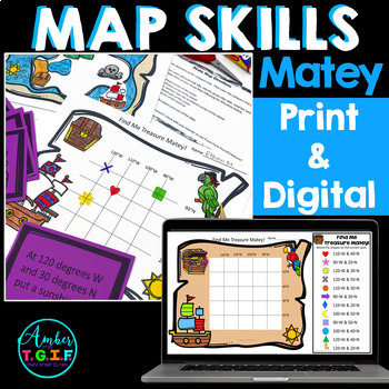 Preview of Map Skills Bundle Digital & Print - Grid Maps, Latitude, Longitude, Directions