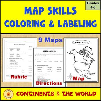 Preview of Map Skills Coloring and Labeling Atlas Worksheets Continents and World