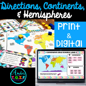 Preview of Map Skills | Directions, Continents, Oceans Hemispheres DIGITAL PRINT Bundle