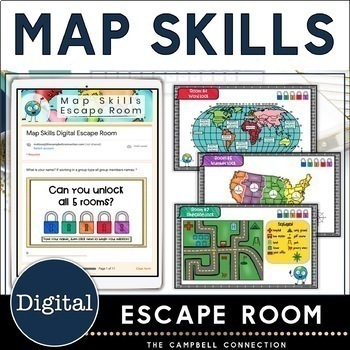 Preview of Map Skills Escape Room Digital Activities 3rd, 4th and 5th grade