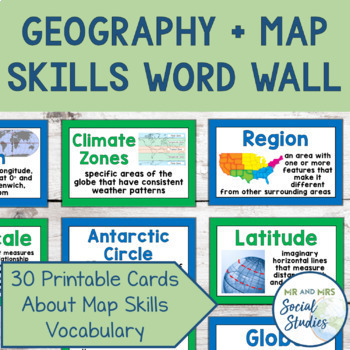 Preview of Map Skills + Geography Word Wall | Printable Cards + Editable Slides Vocabulary