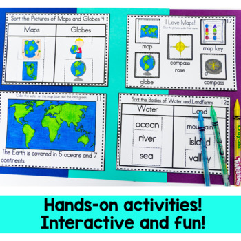 Map Skills Interactive Reader- Maps, Globes, Cardinal Directions and More!