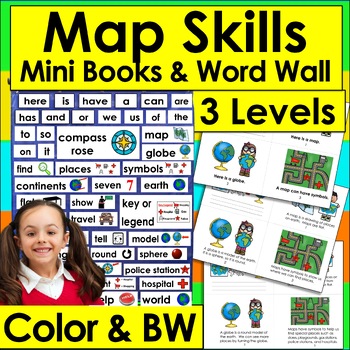 Preview of Map Skills First Grade Kindergarten Mini Books  3 Levels + Illustrated Word Wall