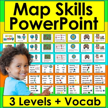 Preview of Map Skills First Grade and Kindergarten POWERPOINT & Vocabulary Presentation